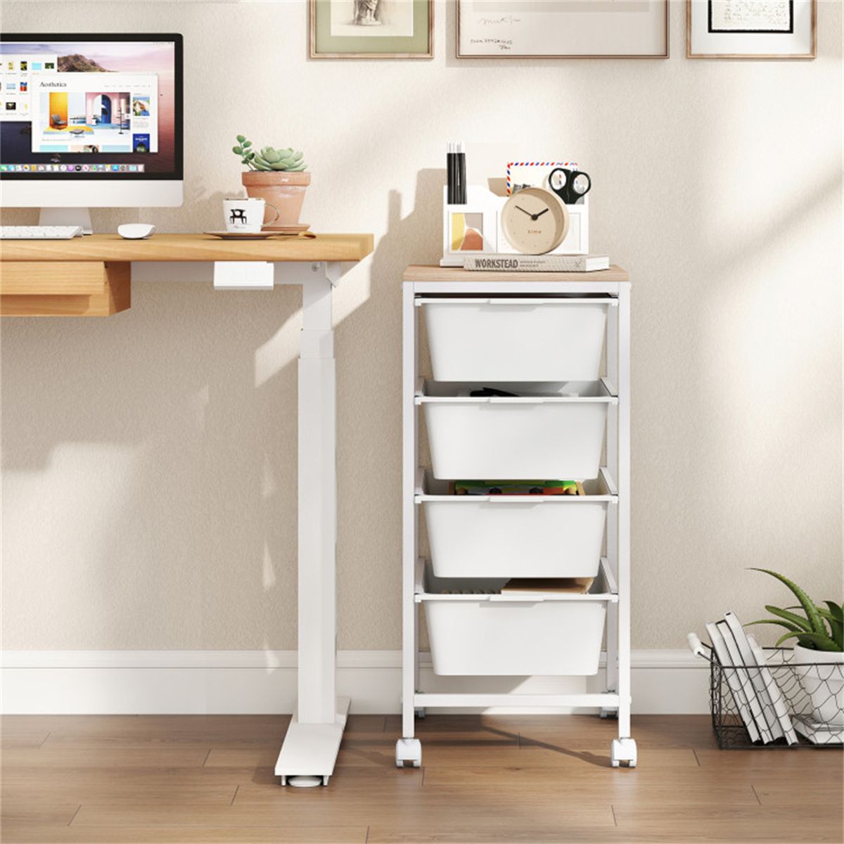 4-Drawer Rolling Storage Cart with MDF Wooden Top