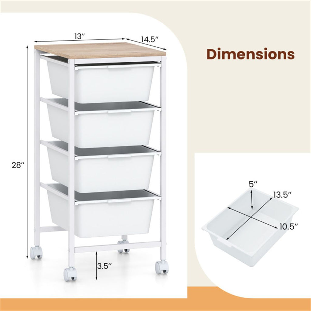 4-Drawer Rolling Storage Cart with MDF Wooden Top