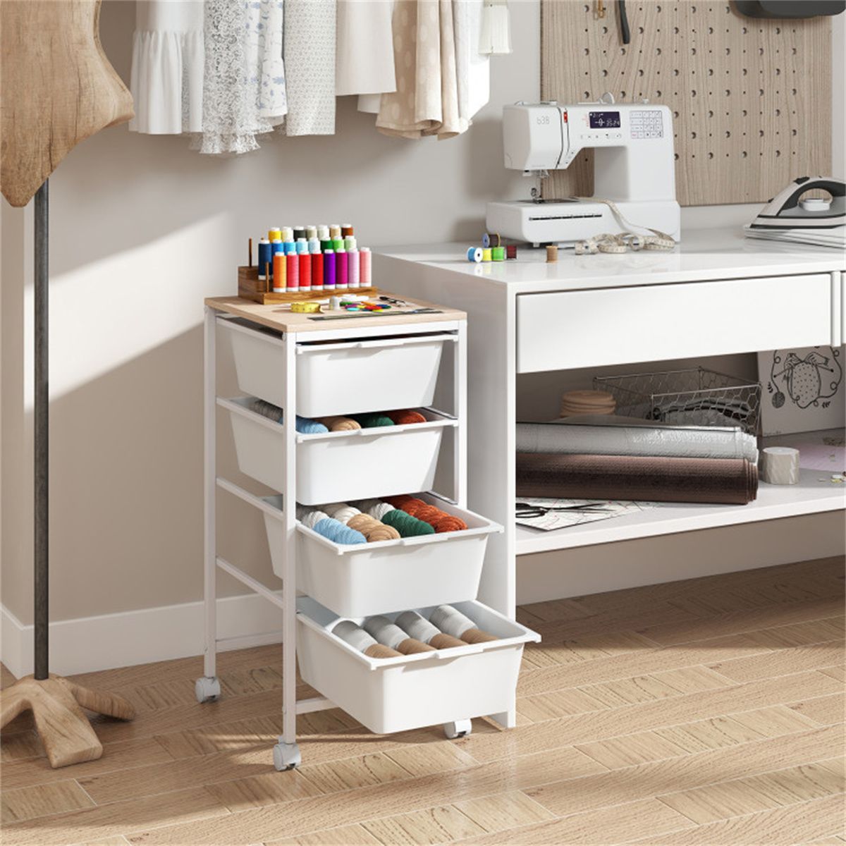 4-Drawer Rolling Storage Cart with MDF Wooden Top