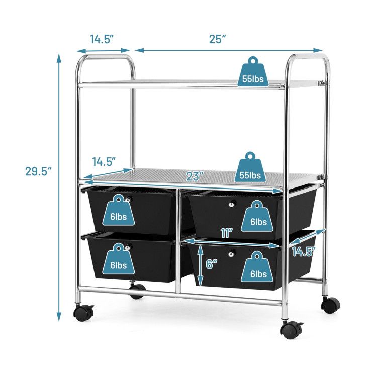 4-Drawer Rolling Storage Cart with 2 Shelves for Office, Home, or Garage
