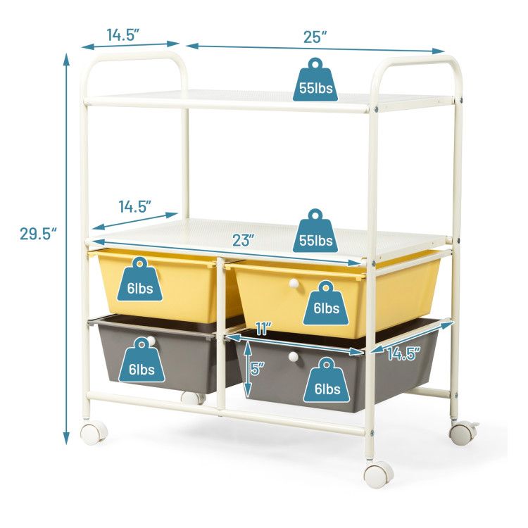 4-Drawer Rolling Storage Cart with 2 Shelves for Office, Home, or Garage