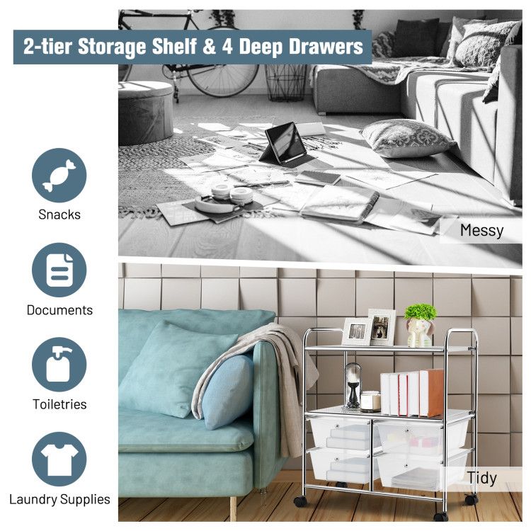 4-Drawer Rolling Storage Cart with 2 Shelves for Office, Home, or Garage