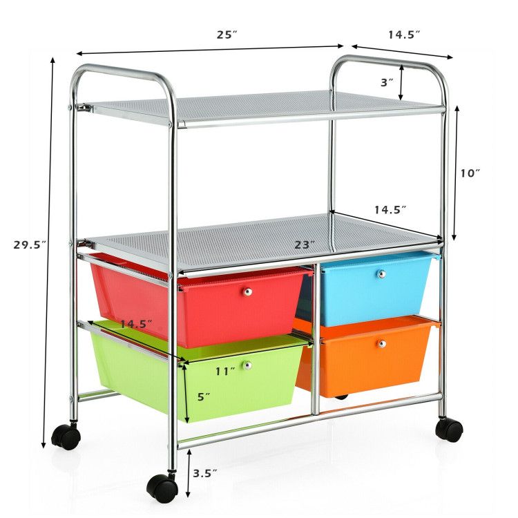 4-Drawer Rolling Storage Cart with 2 Shelves for Office, Home, or Garage