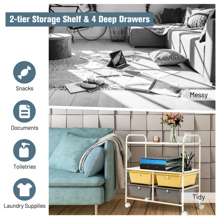4-Drawer Rolling Storage Cart with 2 Shelves for Office, Home, or Garage