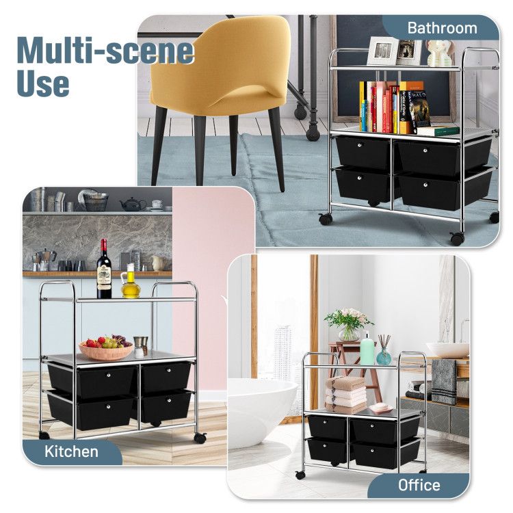 4-Drawer Rolling Storage Cart with 2 Shelves for Office, Home, or Garage
