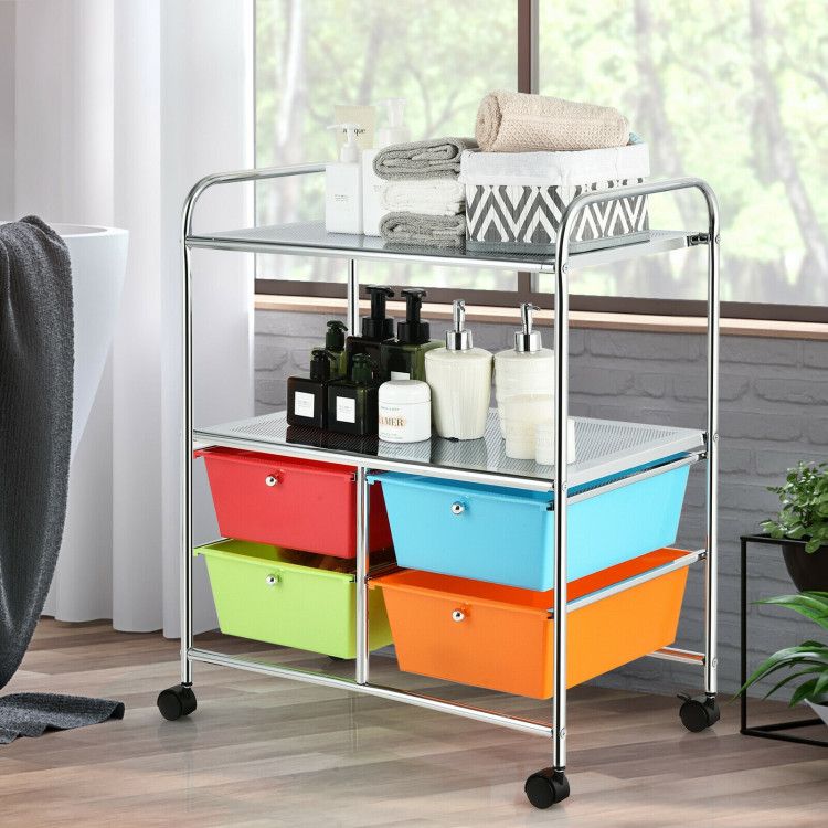4-Drawer Rolling Storage Cart with 2 Shelves for Office, Home, or Garage