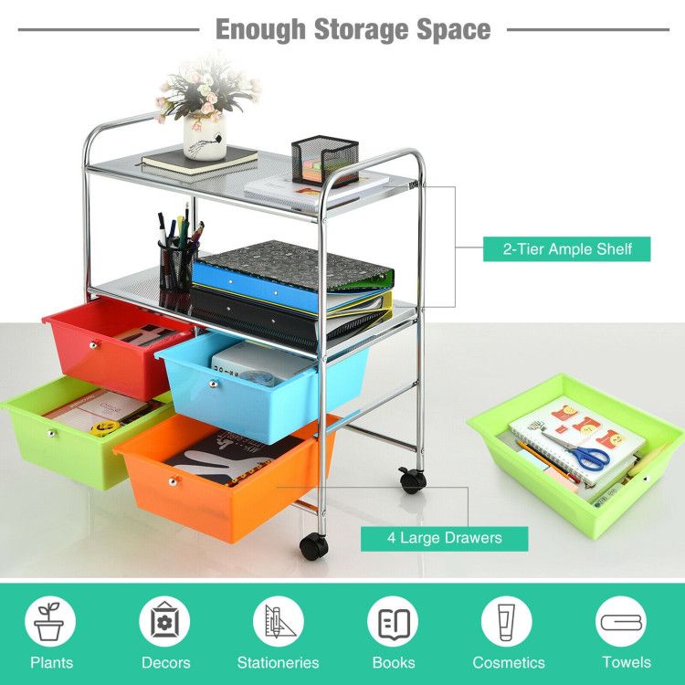 4-Drawer Rolling Storage Cart with 2 Shelves for Office, Home, or Garage