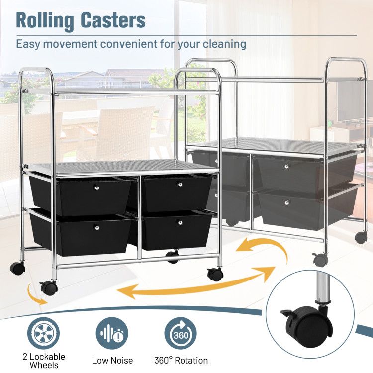 4-Drawer Rolling Storage Cart with 2 Shelves for Office, Home, or Garage