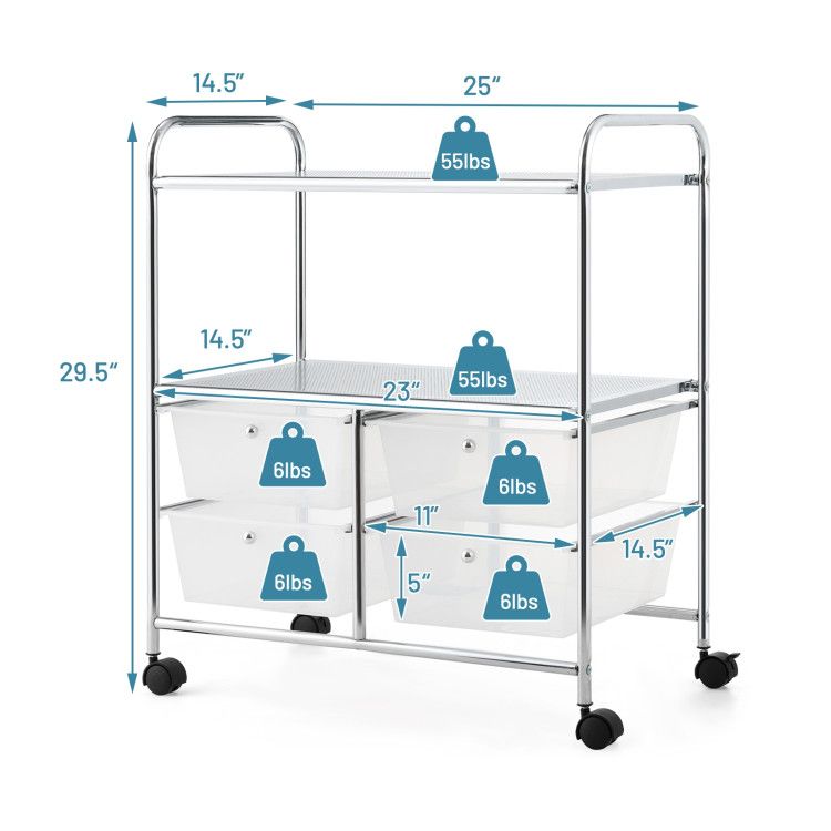 4-Drawer Rolling Storage Cart with 2 Shelves for Office, Home, or Garage