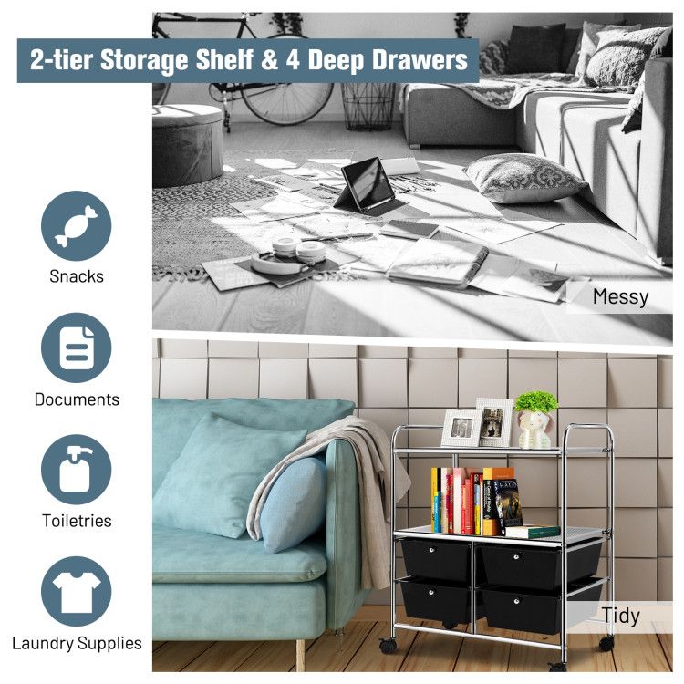 4-Drawer Rolling Storage Cart with 2 Shelves for Office, Home, or Garage