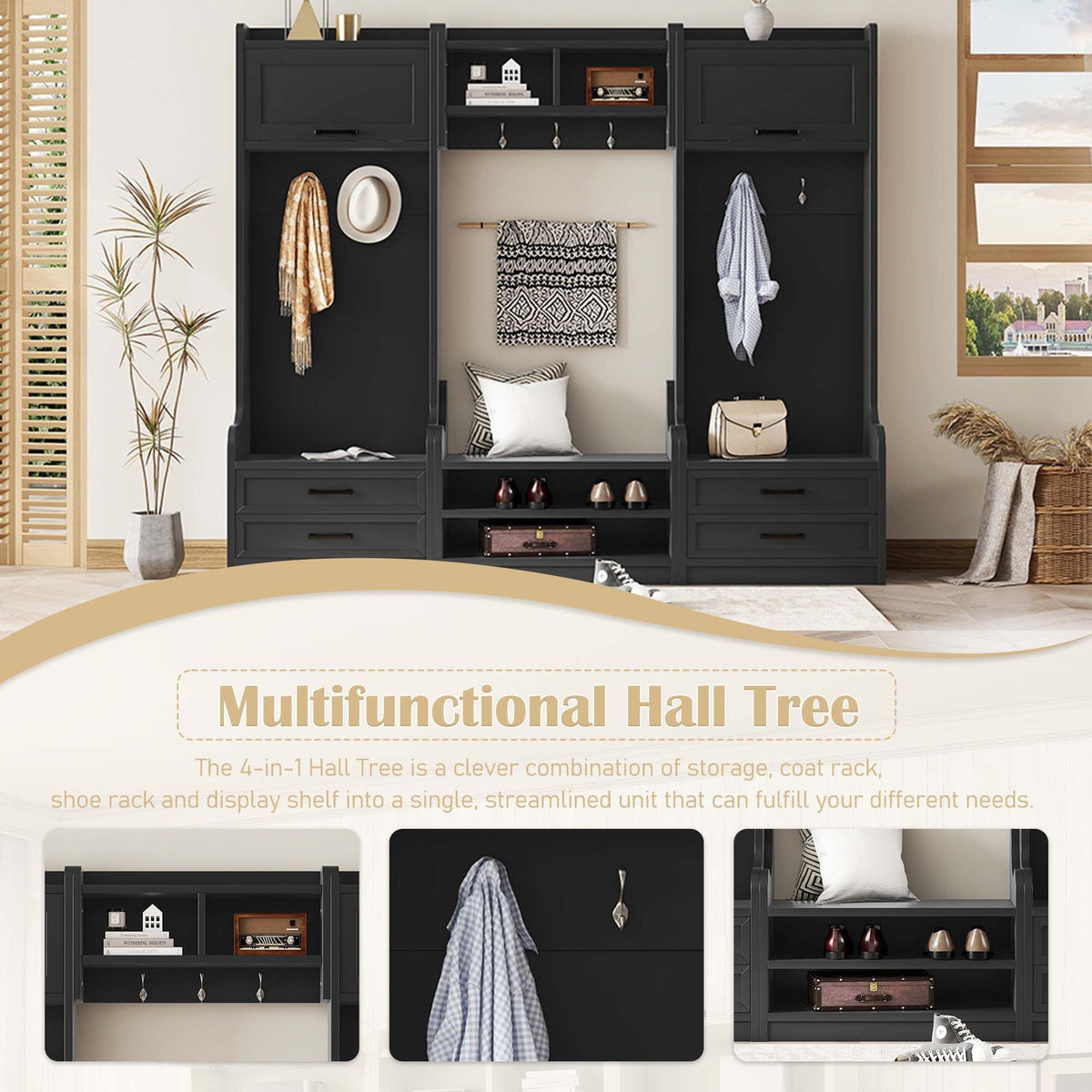 Detachable Hall Tree with Shoe Bench and Storage