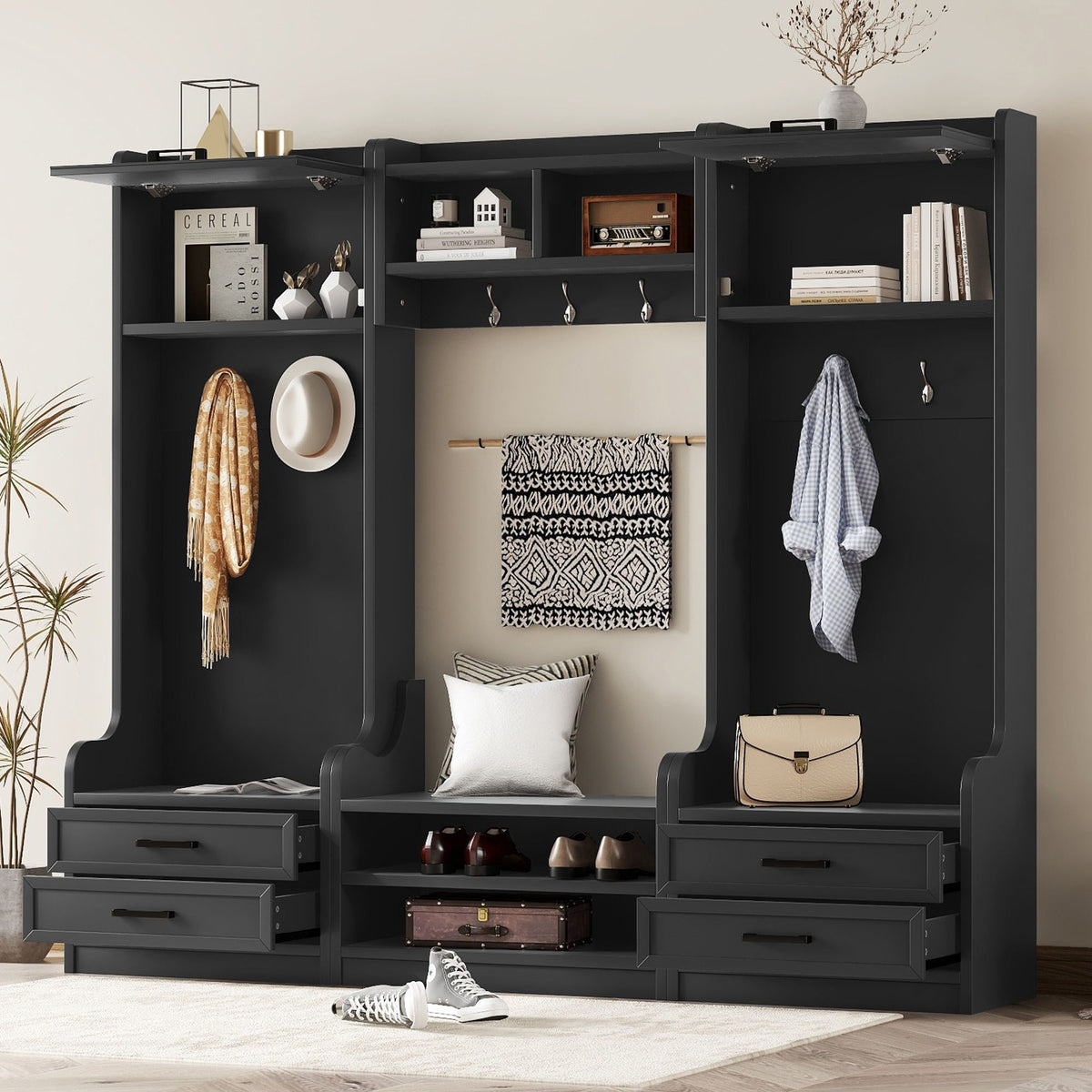 Detachable Hall Tree with Shoe Bench and Storage