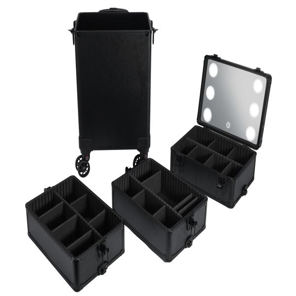 4-in-1 Interchangeable Rolling Makeup Case with LED Mirror and Pull Handle