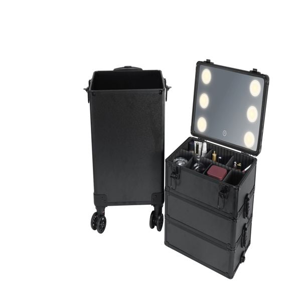 4-in-1 Interchangeable Rolling Makeup Case with LED Mirror and Pull Handle