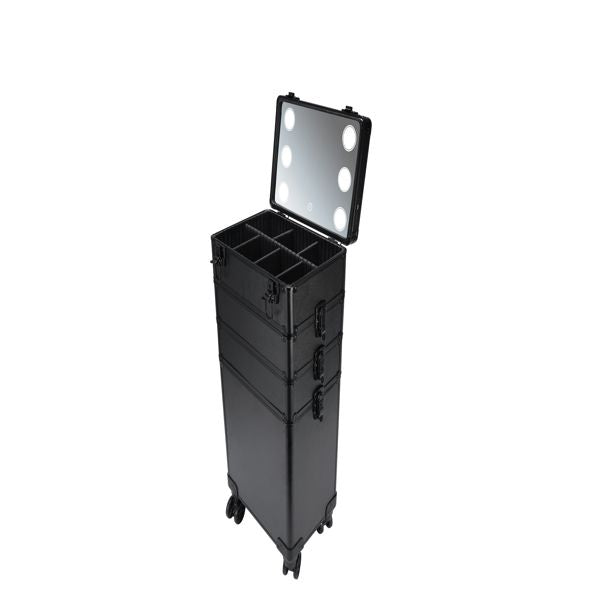 4-in-1 Interchangeable Rolling Makeup Case with LED Mirror and Pull Handle