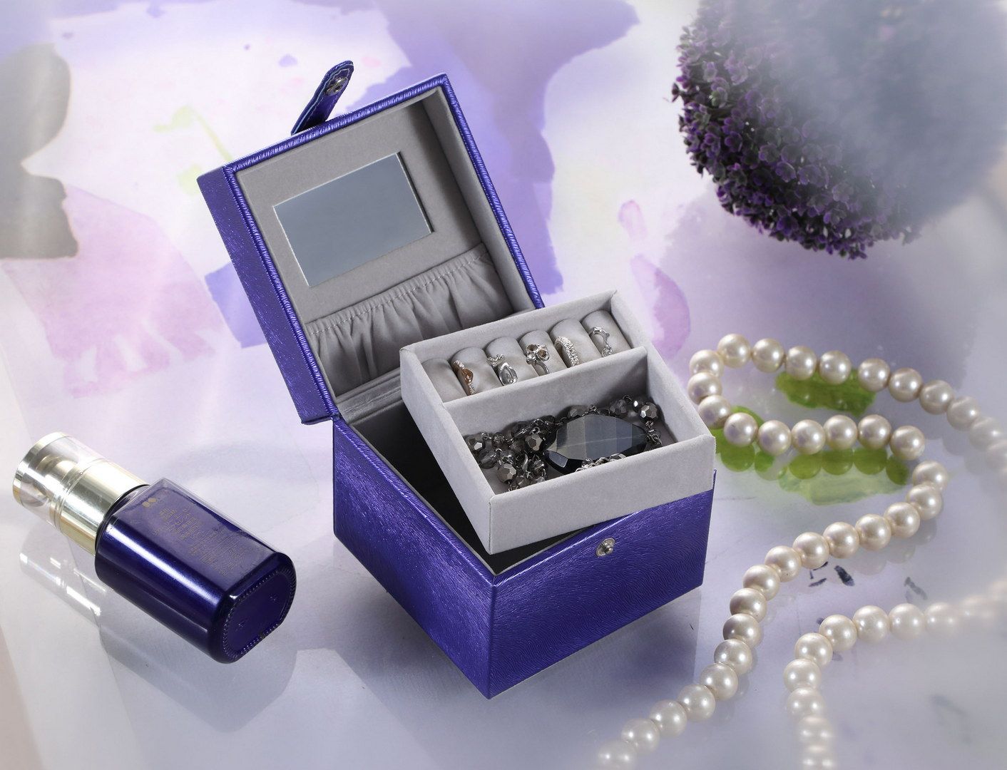 Azure Blue Travel Jewelry Case with Mirror and Trays