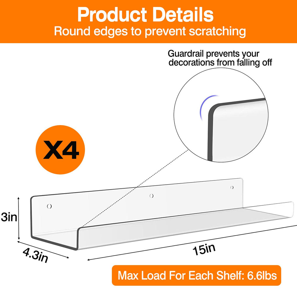 4-Pack Clear Acrylic Floating Shelves with Wall Mounting Hardware