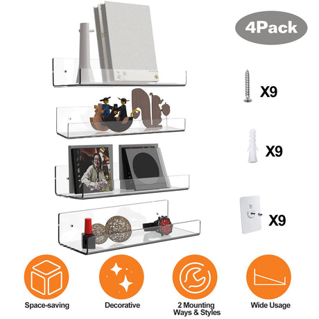 4-Pack Clear Acrylic Floating Shelves with Wall Mounting Hardware
