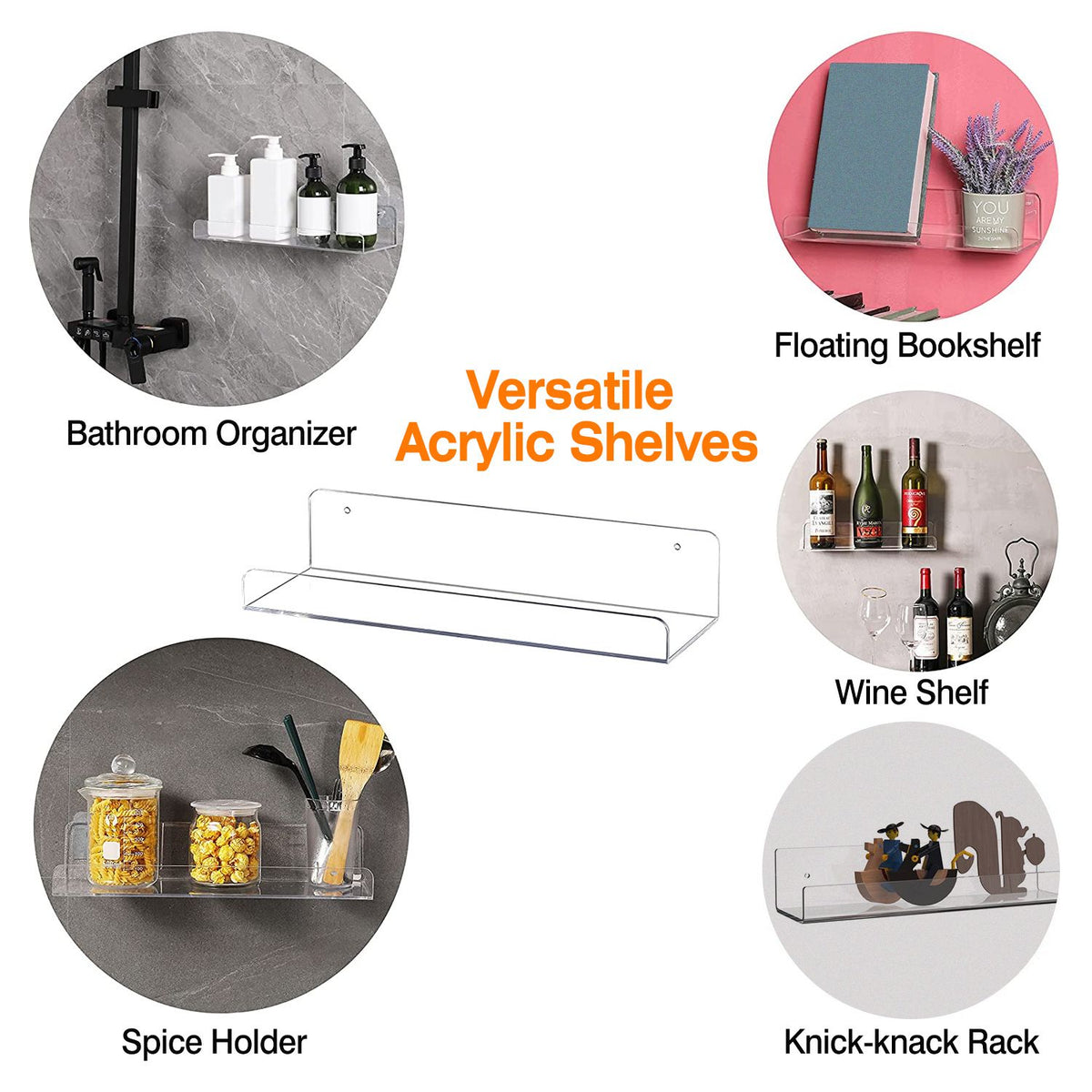 4-Pack Clear Acrylic Floating Shelves with Wall Mounting Hardware