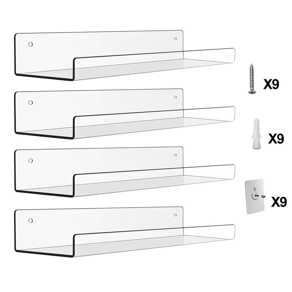 4-Pack Clear Acrylic Floating Shelves with Wall Mounting Hardware