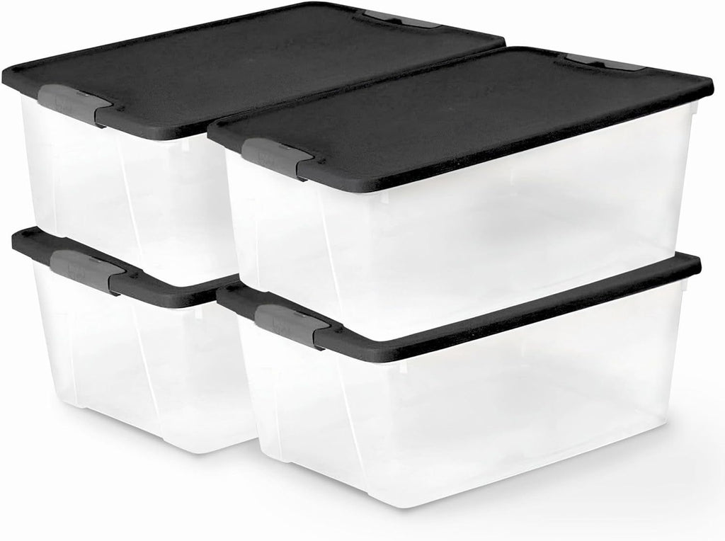 4-Pack Secure Latch, Clear Plastic Storage Organizer Bins, 15 Quart, Gray Lid - Stackable Container