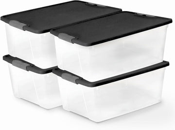 4-Pack Secure Latch, Clear Plastic Storage Organizer Bins, 15 Quart, Gray Lid - Stackable Container