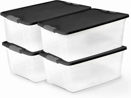 4-Pack Secure Latch, Clear Plastic Storage Organizer Bins, 15 Quart, Gray Lid - Stackable Container