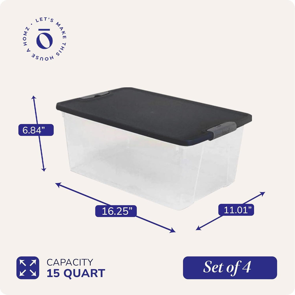 4-Pack Secure Latch, Clear Plastic Storage Organizer Bins, 15 Quart, Gray Lid - Stackable Container