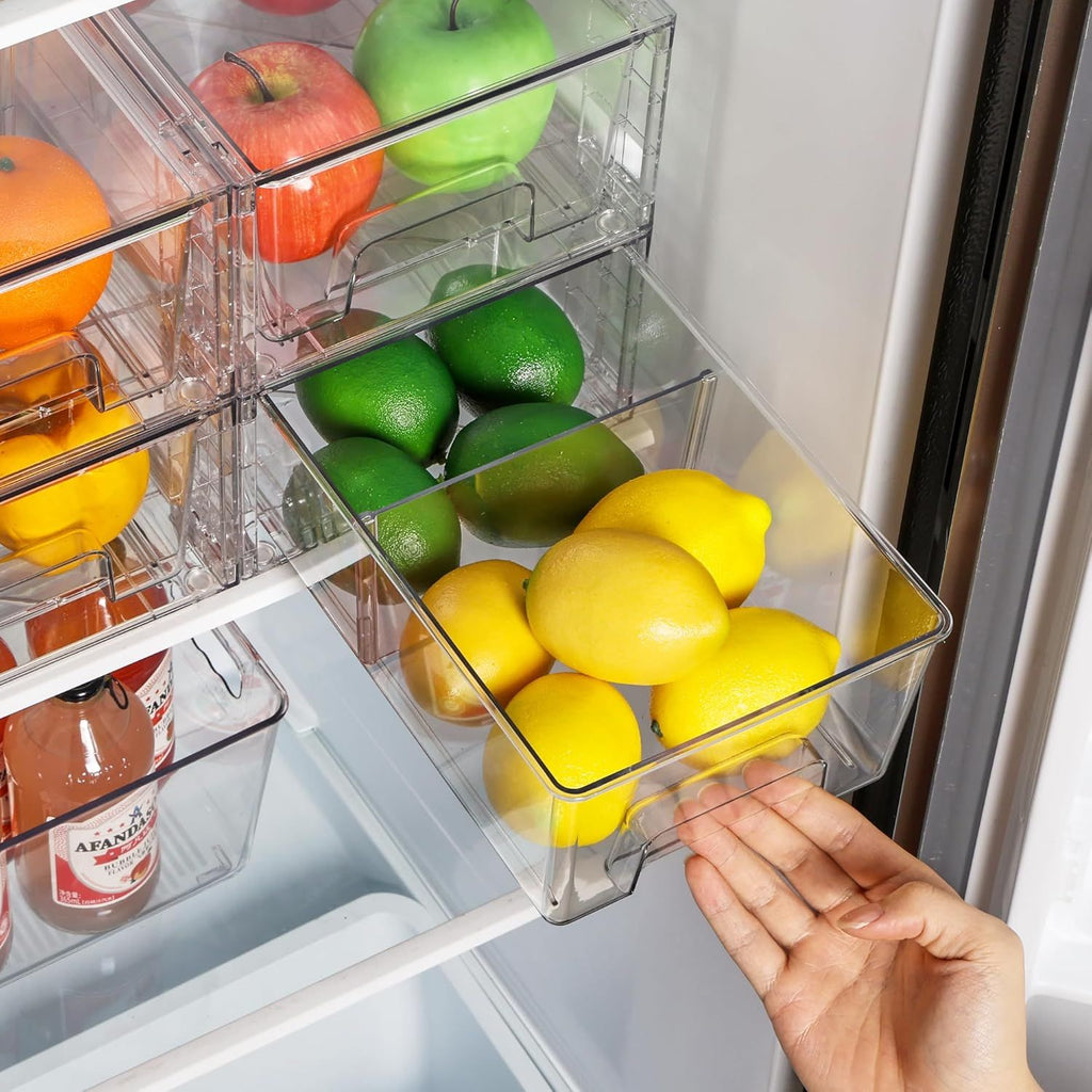Stackable Clear Drawer Organizers for Fridge, Pantry, and Cabinets