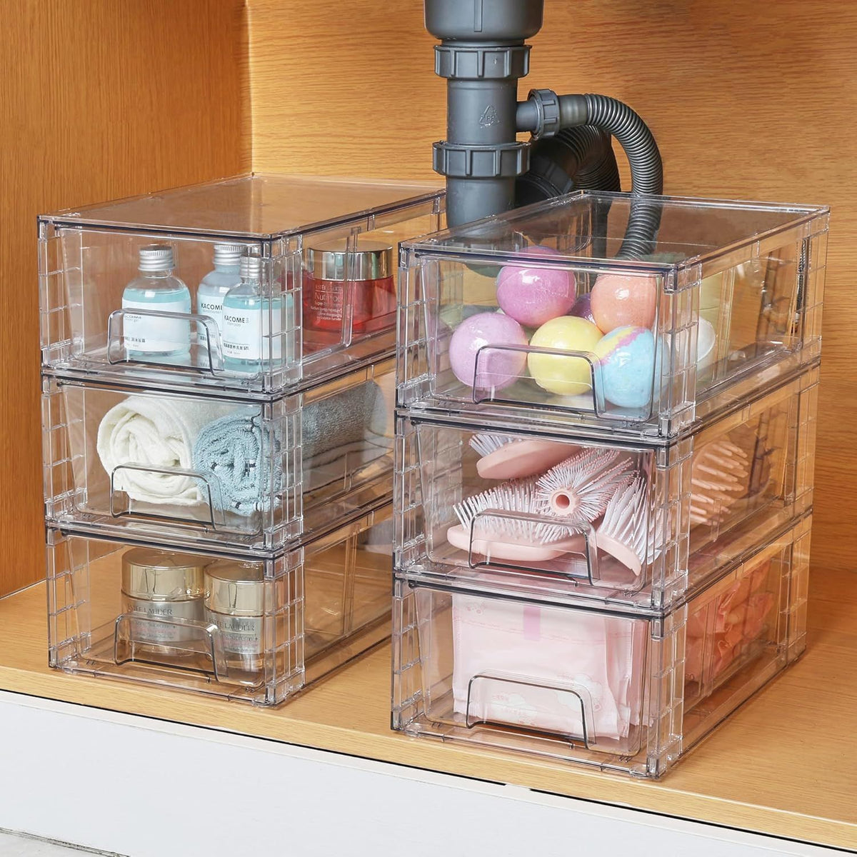 Stackable Clear Drawer Organizers for Fridge, Pantry, and Cabinets