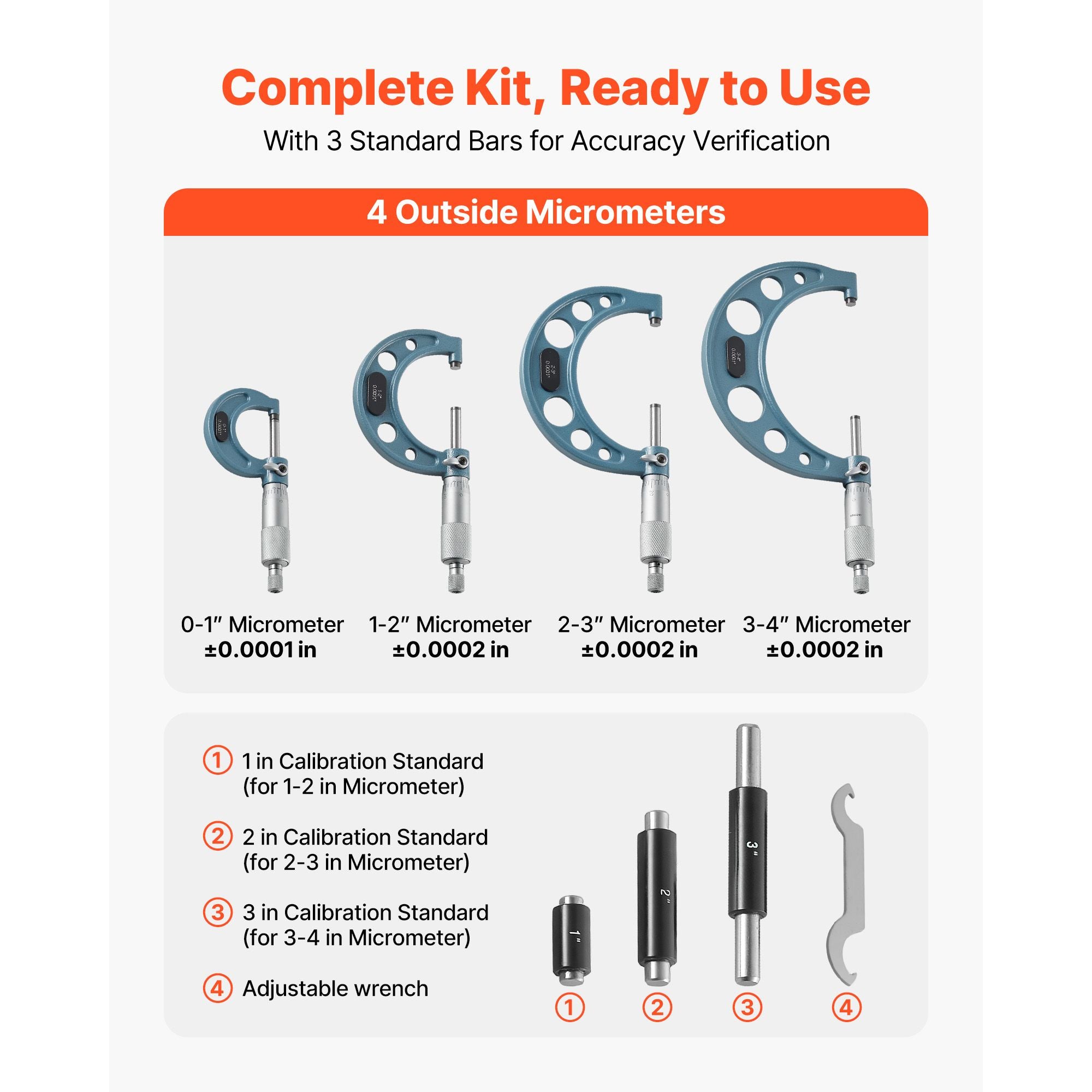 Four-Piece Outside Micrometer Set with Calibration Tools