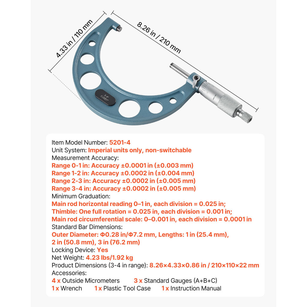 Four-Piece Outside Micrometer Set with Calibration Tools