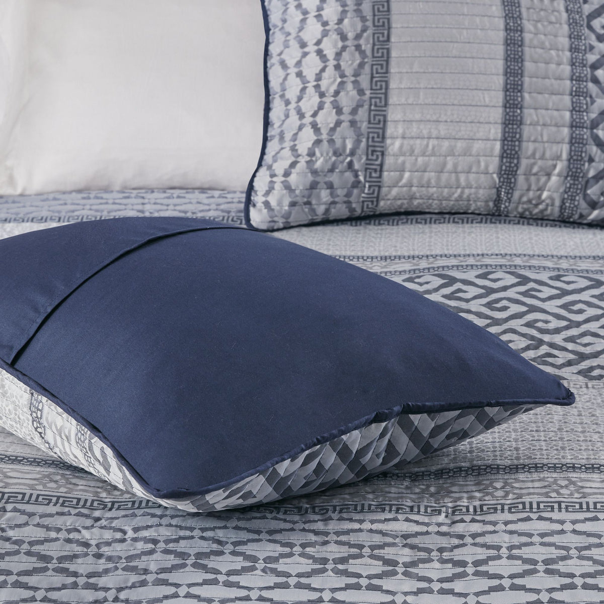 Navy and Gray Reversible Jacquard Quilt Ensemble