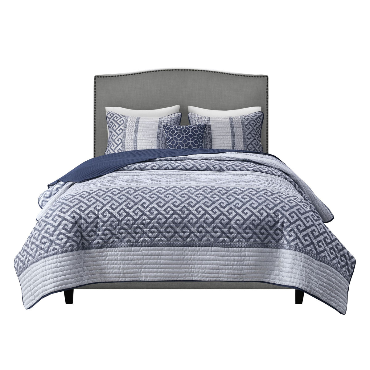 Navy and Gray Reversible Jacquard Quilt Ensemble