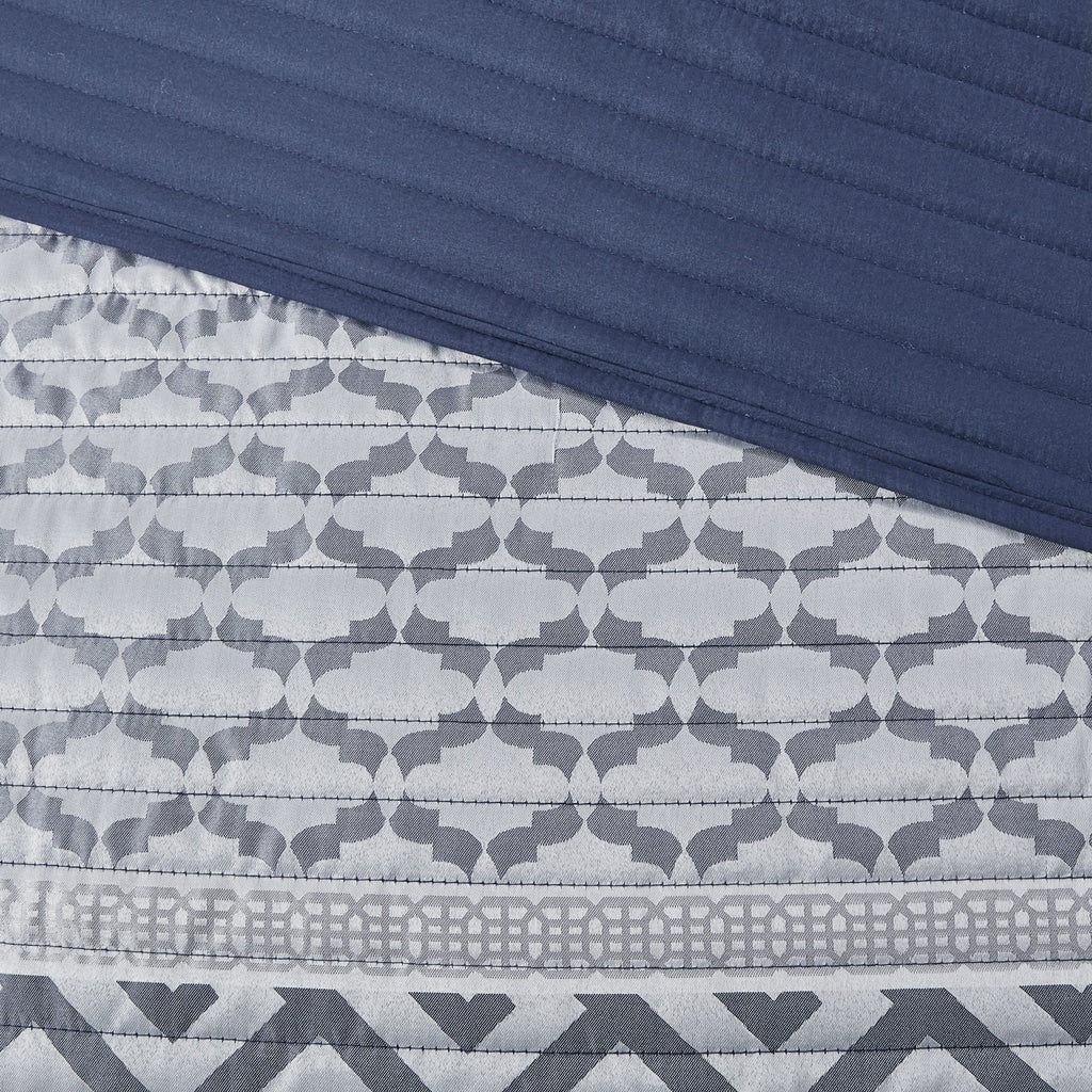 Navy and Gray Reversible Jacquard Quilt Ensemble