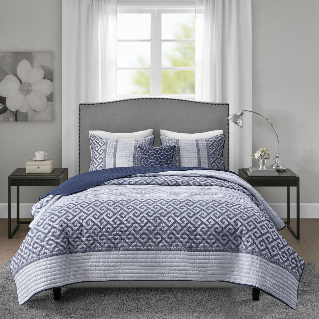 Navy and Gray Reversible Jacquard Quilt Ensemble
