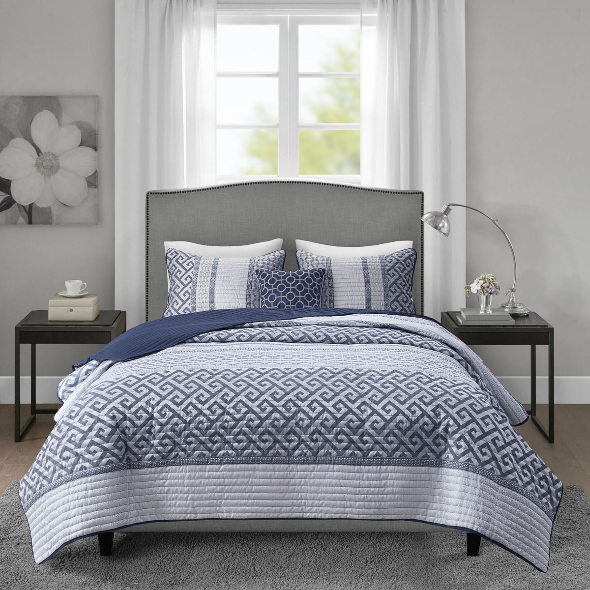 Navy and Gray Reversible Jacquard Quilt Ensemble