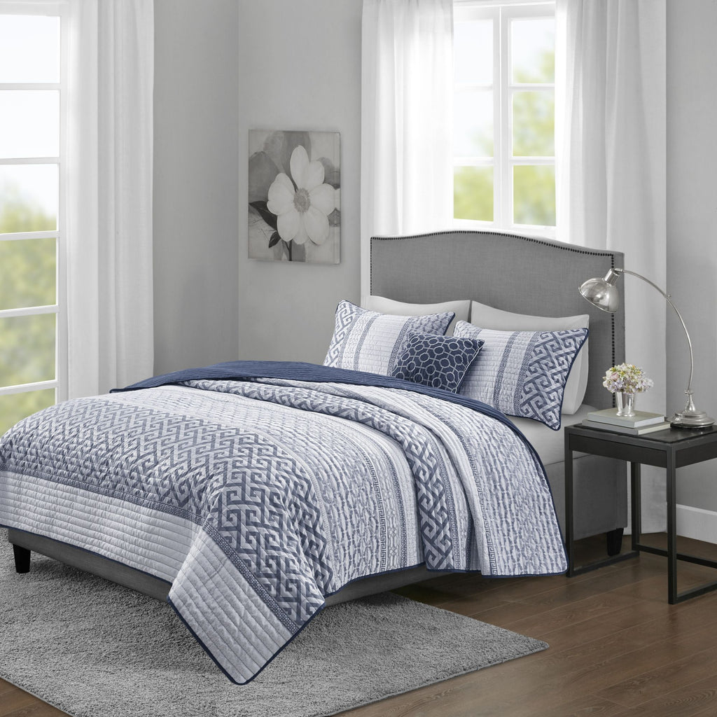 Navy and Gray Reversible Jacquard Quilt Ensemble