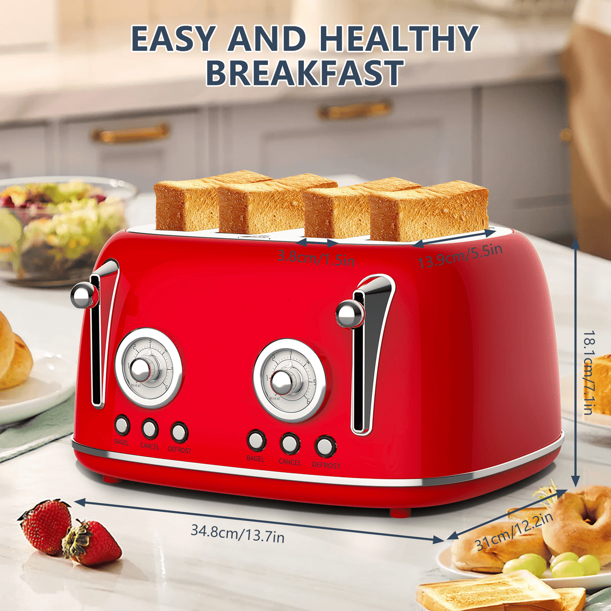 Red Vintage-Style Toaster with Independent Dual Controls