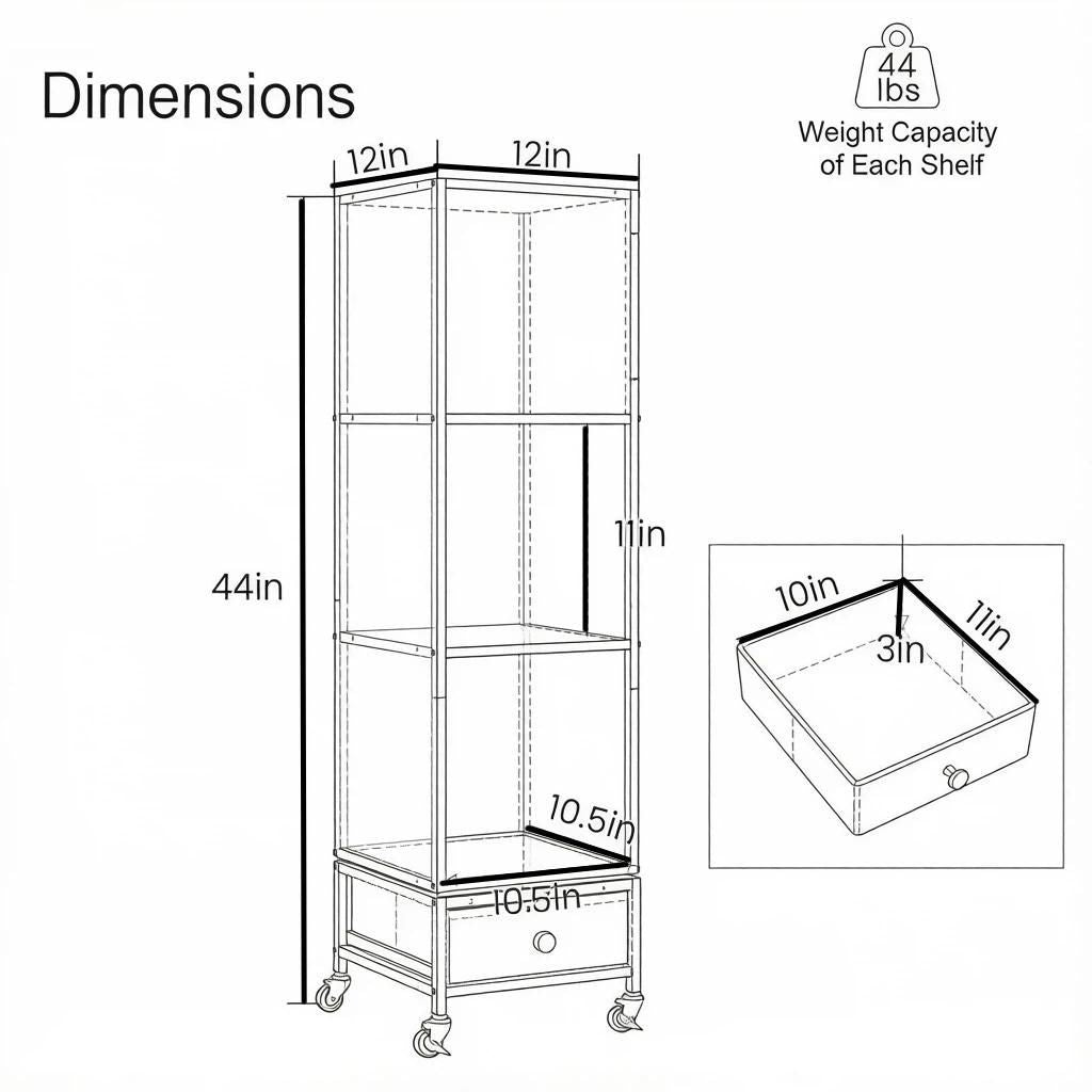 4-storey rotating bookshelf with detachable drawers - equipped with wheels - home office