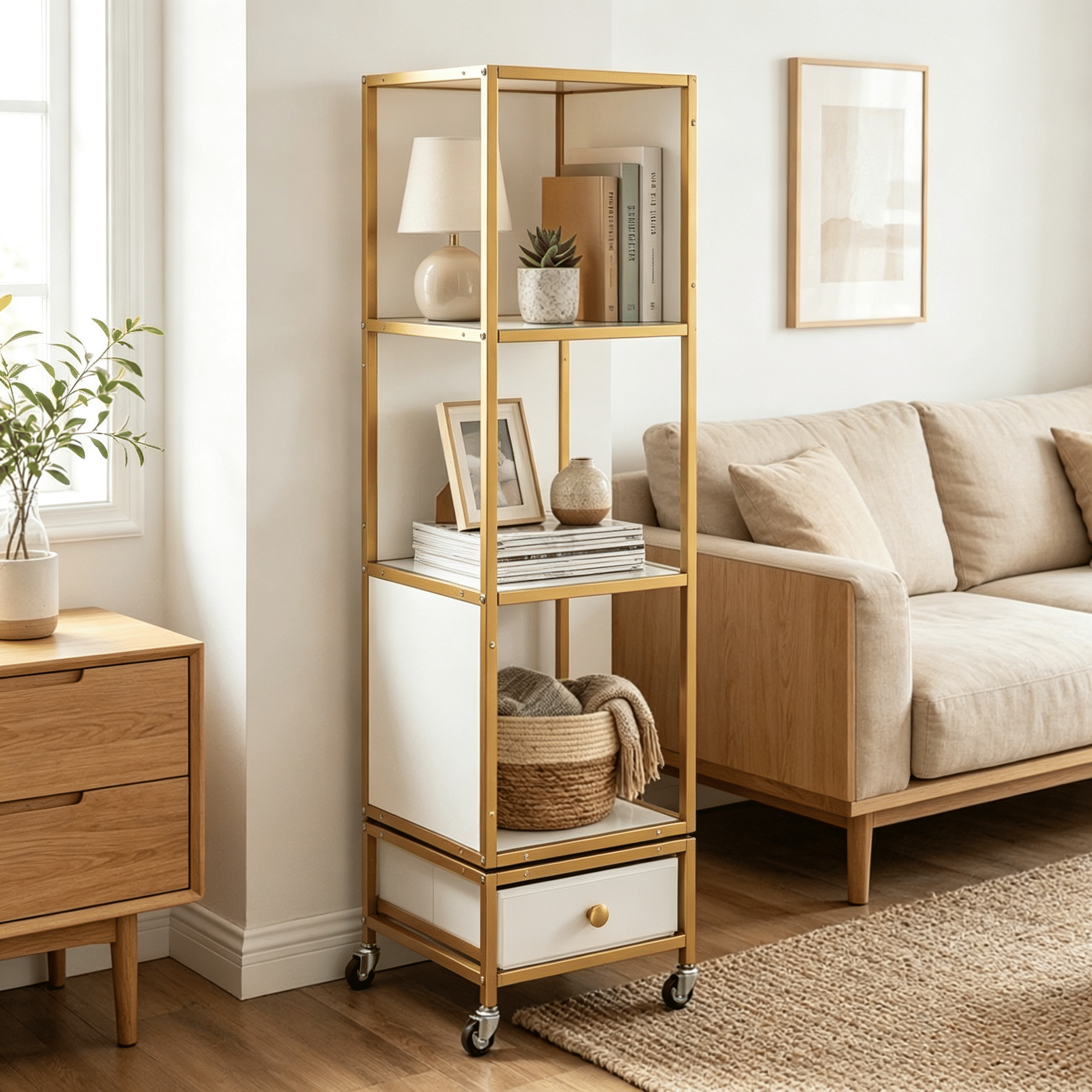 4-storey rotating bookshelf with detachable drawers - equipped with wheels - home office