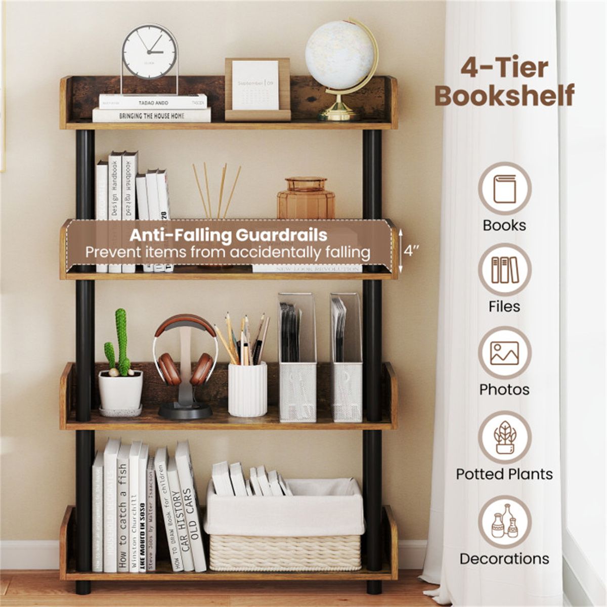 Rustic Brown Open Bookcase with Four Display Levels
