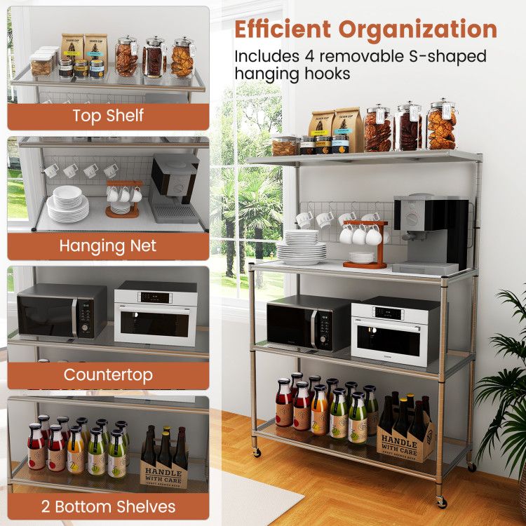 Mobile 4-Tier Baker’s Rack with Flexible Kitchen Storage