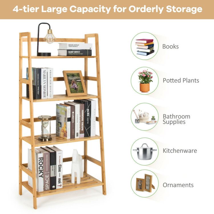 4-Tier Bamboo Bookshelf Ladder Shelf Plant Stand Rack