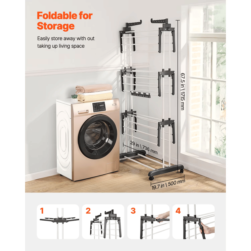 Foldable Tiered Clothes Drying Rack with Locking Wheels