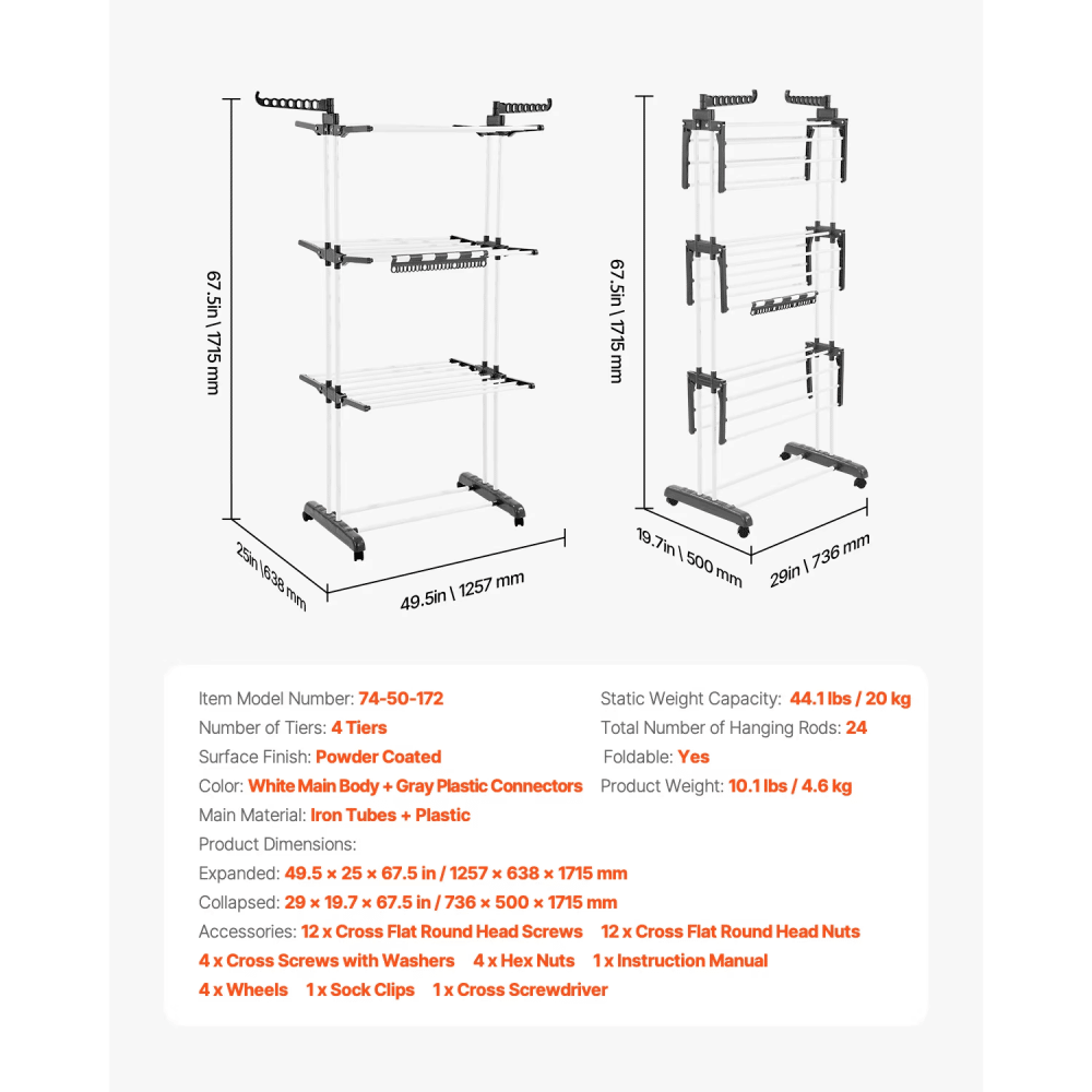 Foldable Tiered Clothes Drying Rack with Locking Wheels
