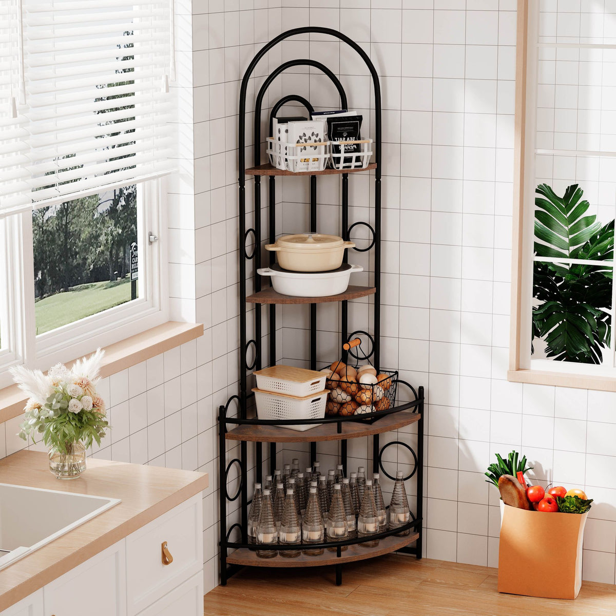 4 Tier Corner Bookshelf Modern Style Plant Stand with Metal Frame Space Saving Display