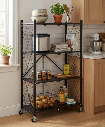 Foldable Four-Tier Storage Rack with Locking Wheels