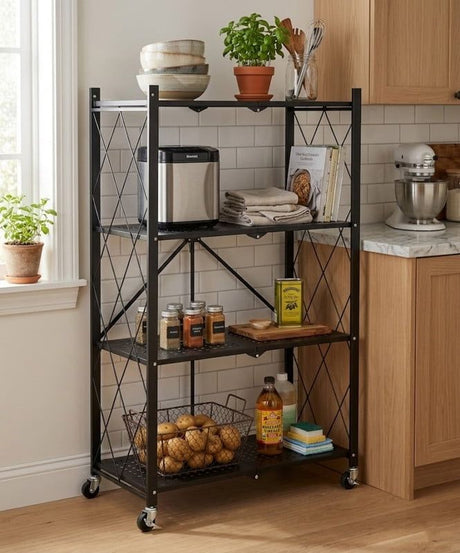 Foldable Four-Tier Storage Rack with Locking Wheels