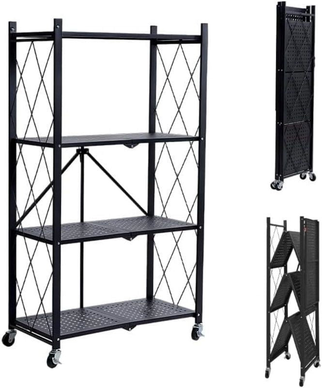 Foldable Four-Tier Storage Rack with Locking Wheels